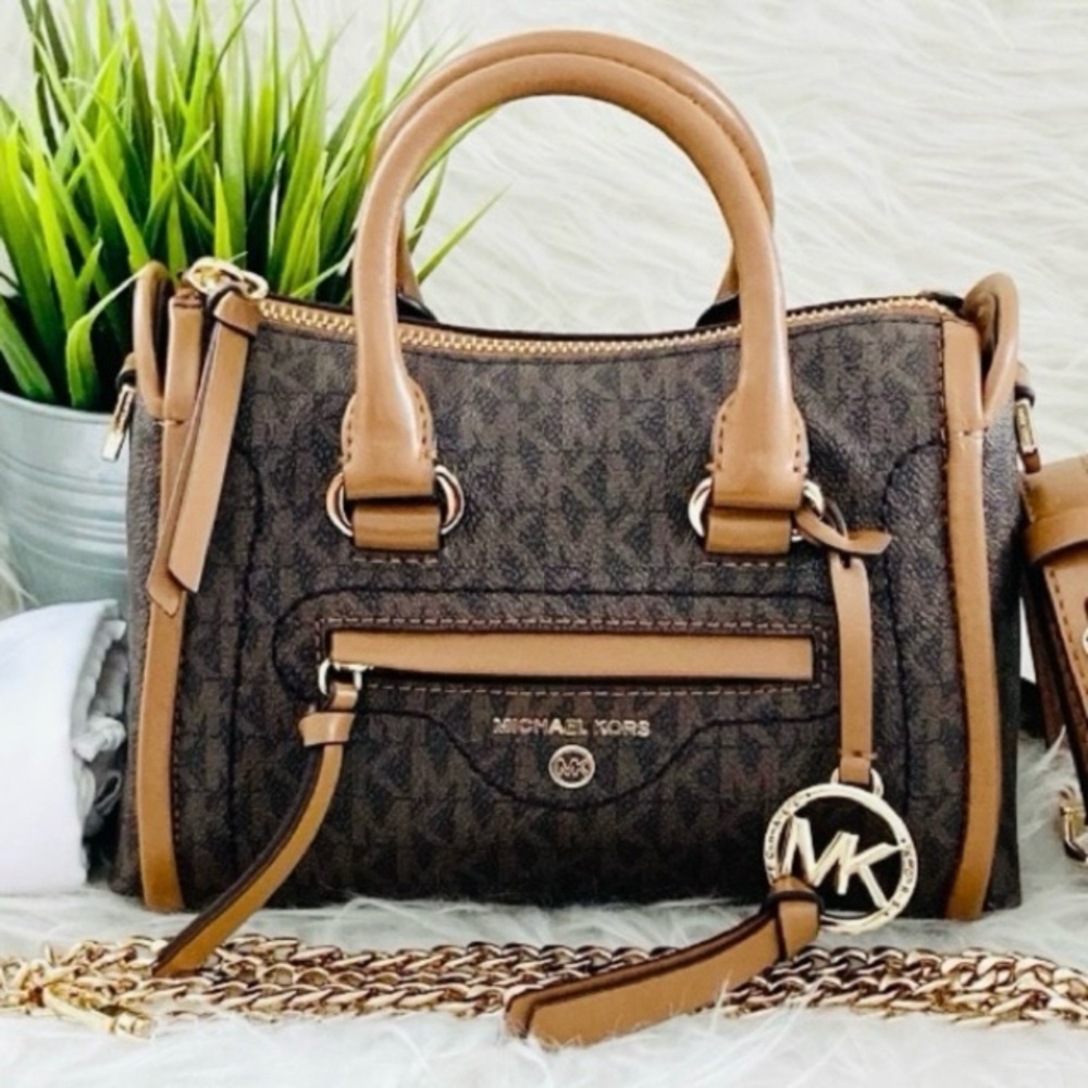 Michael Kors Carine Brown Monogram XS Satchel Crossbody Bag.